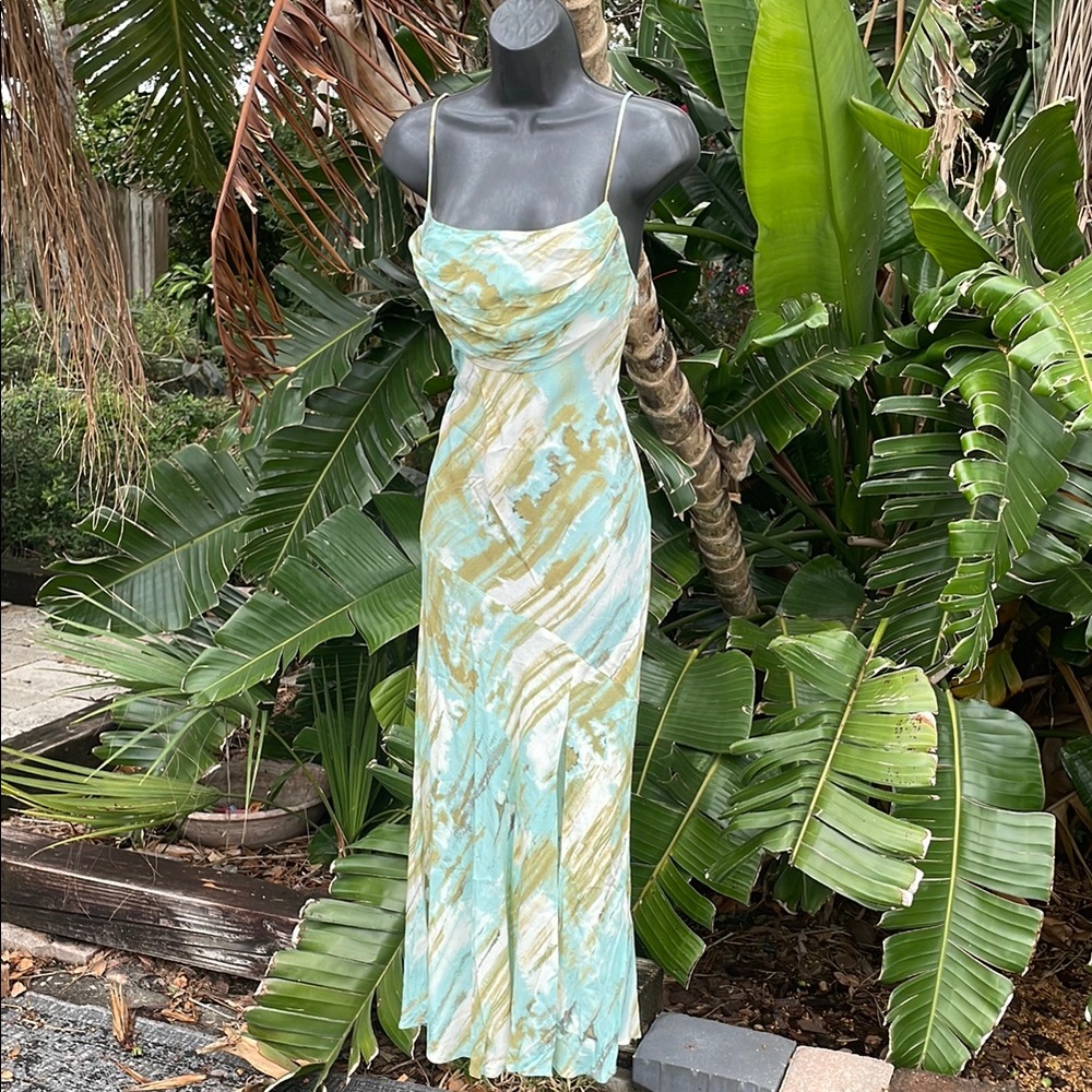 selfie tie-dye cowl neck slipped dress with front slit